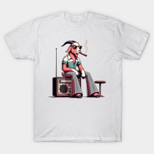 smoking 70s goat sitting on vintage radio T-Shirt